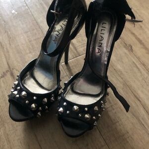 Liliana Black Studded Open-Toe Heels